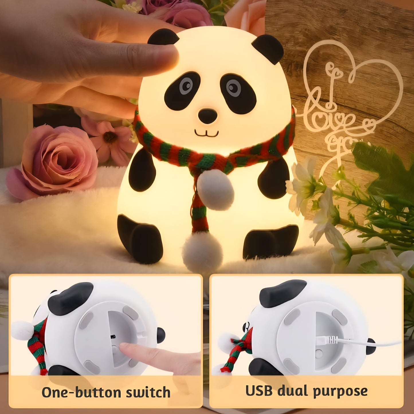 Cute Panda Lamp, Panda Gifts, Touch Silicone Lamp, Birthday Gift for Girls and Boys, Panda Light Lamp, Kids Night Light, Valentines and Diwali gift for everyone- Silicone, Rechargeable Type C, Sensor, 7 color LED changing Lamp, Soft BPA free
