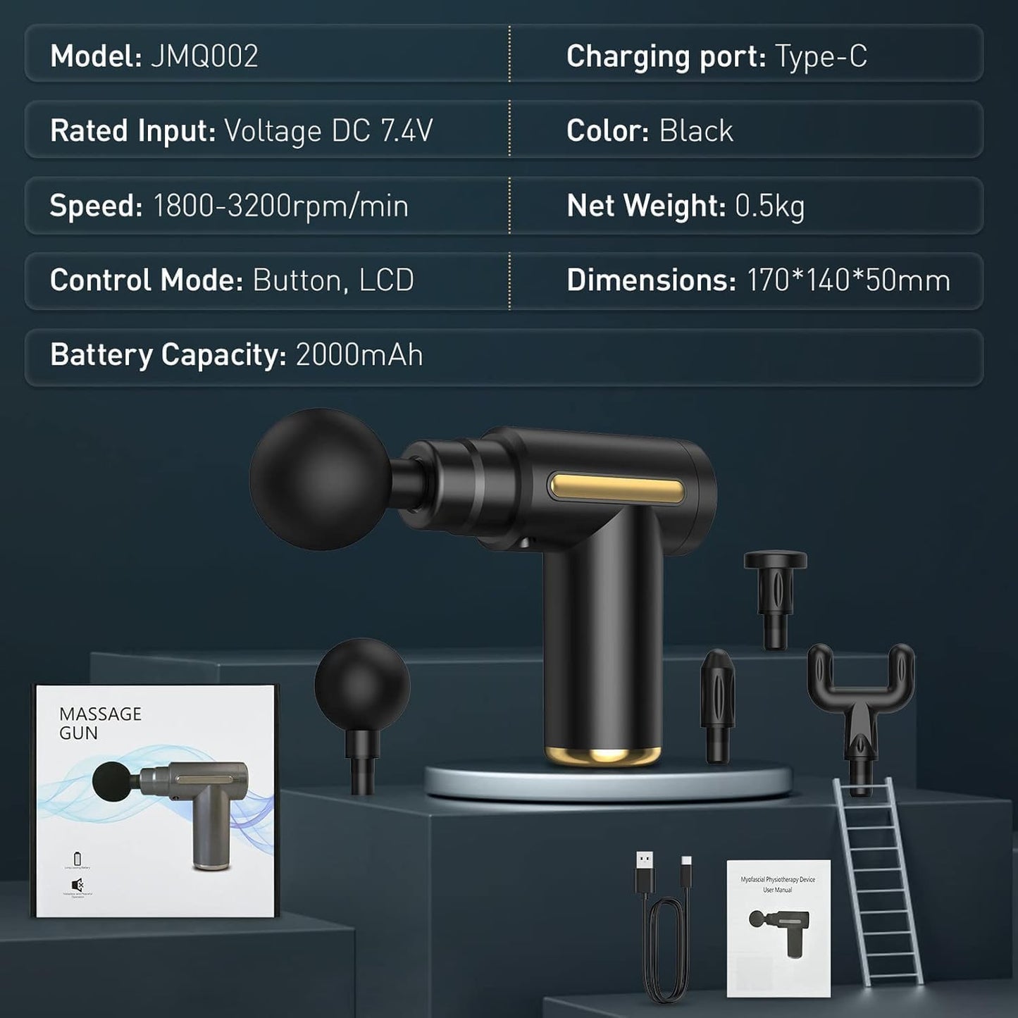 Body Massager Gun for Full Body Pain Relief, Rechargeable Cordless Deep Tissue Massage Machine for Body, Neck, Shoulders, Legs & Arms, Use at Home, Gym & During Travel- 6 Speed Settings, Type-C Charging